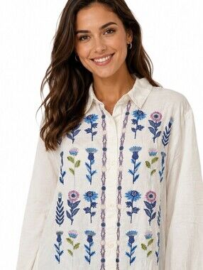 Coldwater Creek White Shirt with Blue and Pink Embroidery New Without Tags L